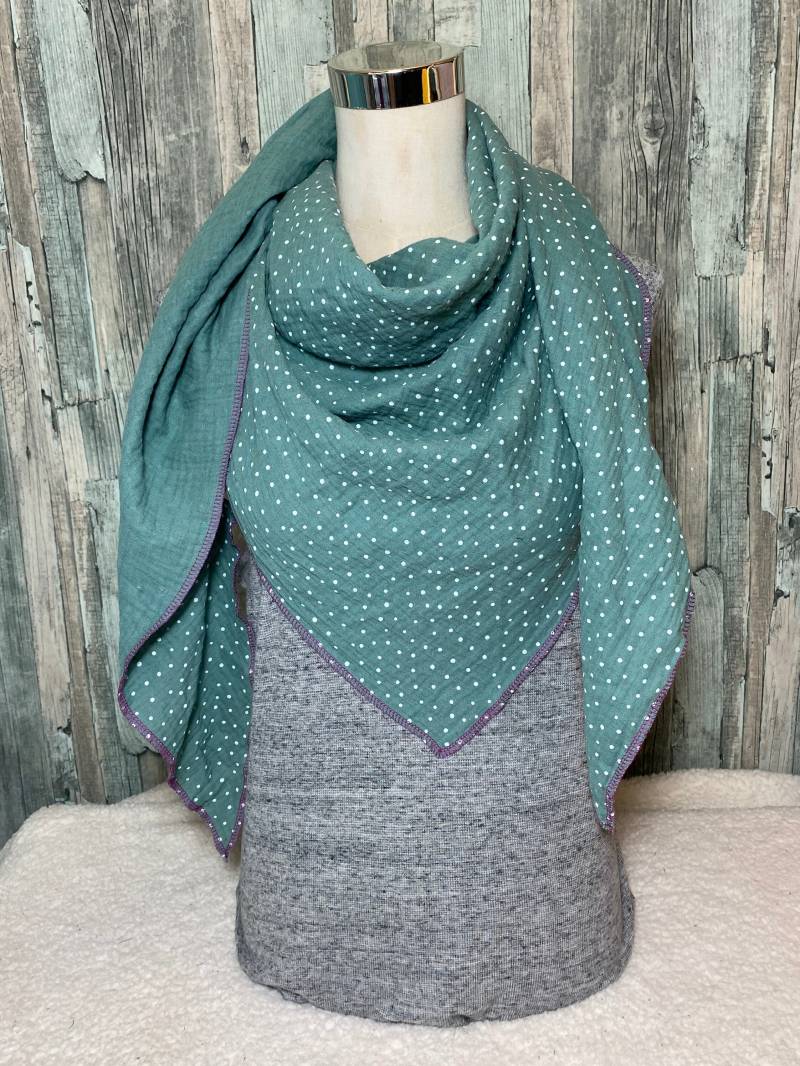 Musselin Halstuch Xxl "Grün Mit Punkten/ Tupfen " Wickelschal Tuch Handmade Schal Einlagig von Liolinos
