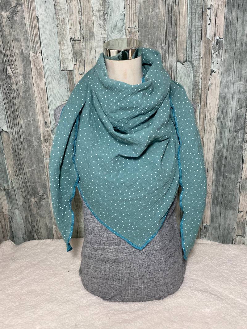 Musselin Halstuch Xxl "Grün Mit Punkten/ Tupfen " Wickelschal Tuch Handmade Schal Einlagig von Liolinos