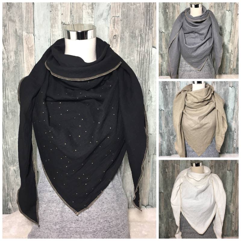Musselin Schal Halstuch „Goldene Punkte " Damen Xxl Dreieckstuch Wickelschal Tuch Handmade Einlagig von Liolinos