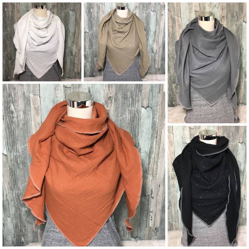 Musselin Schal Halstuch „Silber Punkte " Damen Xxl Dreieckstuch Wickelschal Tuch Handmade Einlagig von Liolinos