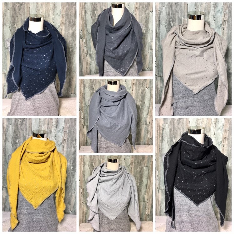 Musselin Tuch Dreieckstuch Halstuch Damen Xxl "Silberne Punkte " Wickelschal Handmade Schal Einlagig von Liolinos