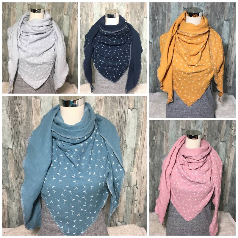 Musselin Tuch Halstuch Damen "Uni Mit Pusteblumen " Wickelschal Dreieckstuch Schal Einlagig Genäht von Liolinos