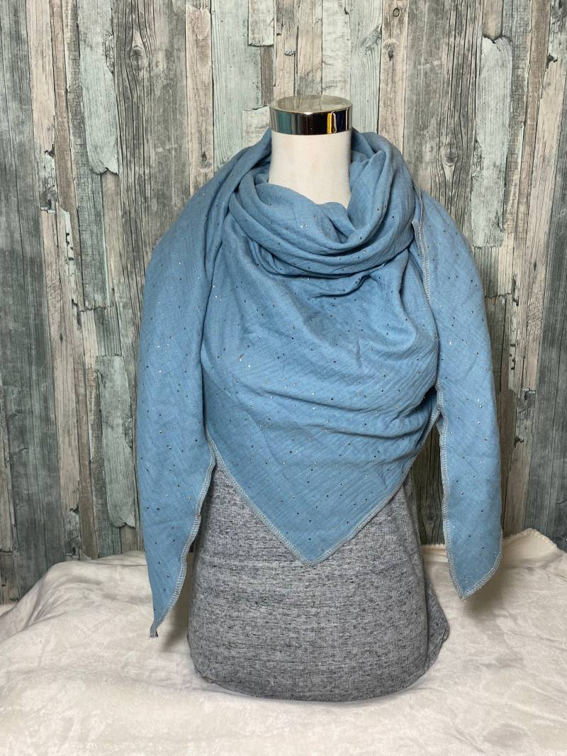 Musselintuch Dreieckstuch Halstuch Damen Xxl "Goldene Punkte/ Sprenkel Blau " Musselin Wickelschal Tuch Handmade Schal Einlagig von Liolinos