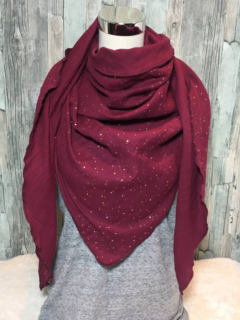 Musselintuch Dreieckstuch Halstuch Damen Xxl "Goldene Punkte Beere " Musselin Wickelschal Tuch Handmade Schal Einlagig von Liolinos