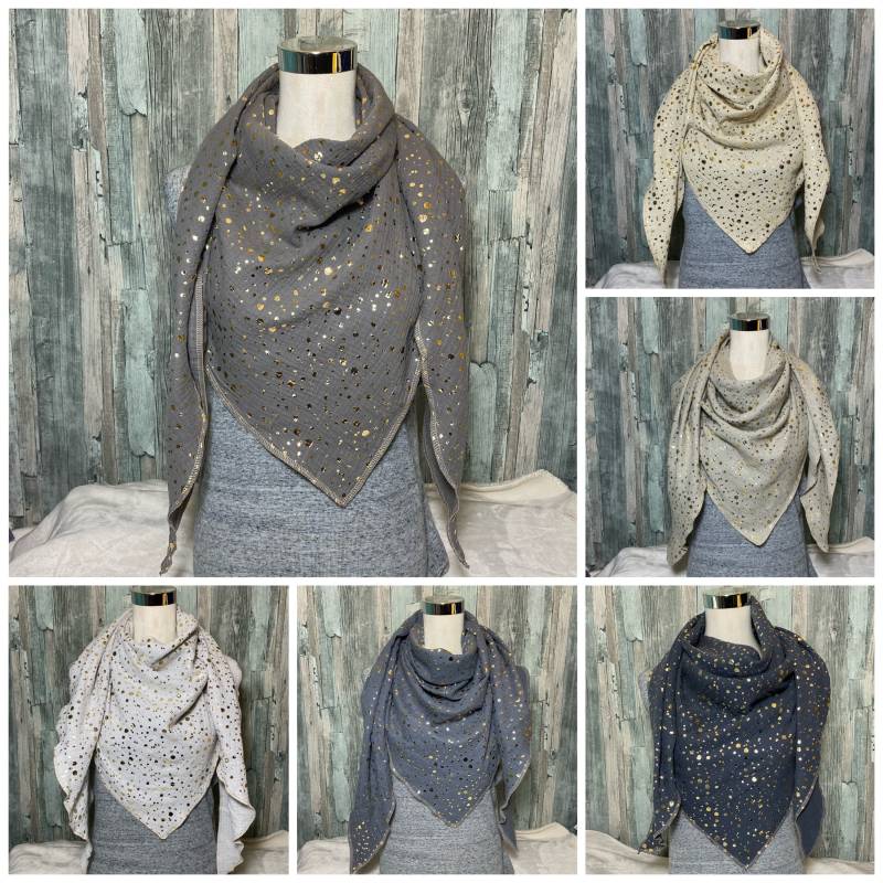 Musselintuch Dreieckstuch Halstuch Damen Xxl "Goldene Punkte " Musselin Wickelschal Tuch Handmade Schal Einlagig von Liolinos