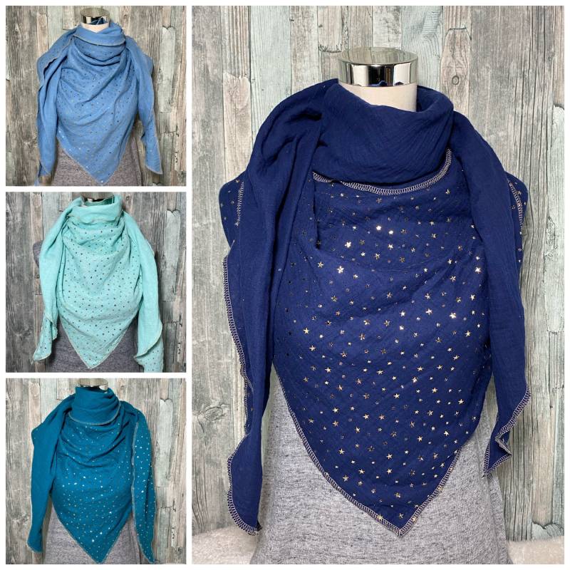 Musselintuch Dreieckstuch Halstuch Damen Xxl "Goldene Sterne " Musselin Wickelschal Tuch Handmade Schal Einlagig von Liolinos