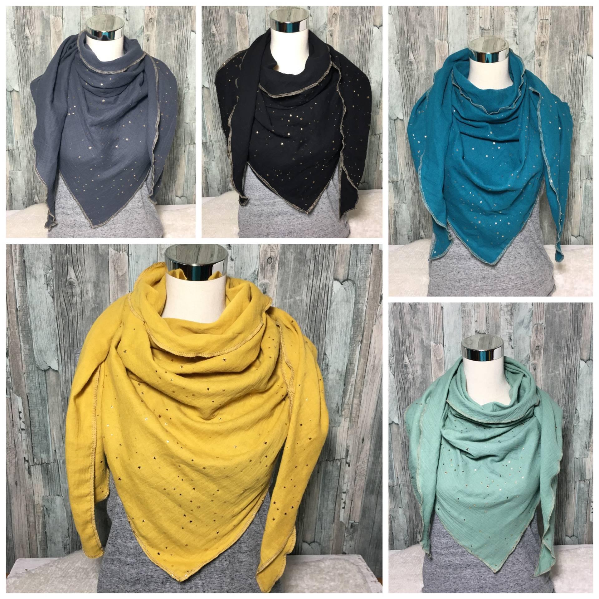 Musselintuch Dreieckstuch Halstuch Damen Xxl "Goldene Sterne " Musselin Wickelschal Tuch Handmade Schal Einlagig von Liolinos