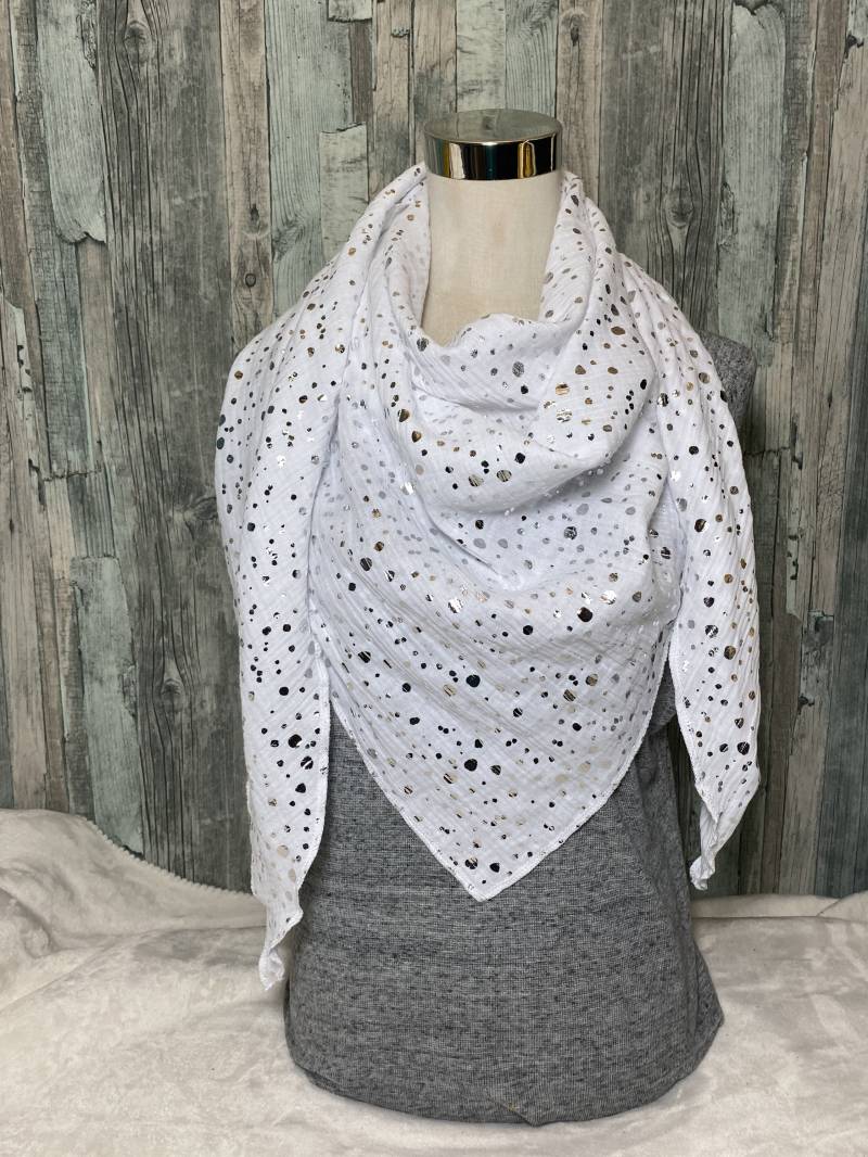 Musselintuch Dreieckstuch Halstuch Damen Xxl "Silber Punkte Weiß " Musselin Wickelschal Tuch Handmade Schal Einlagig von Liolinos