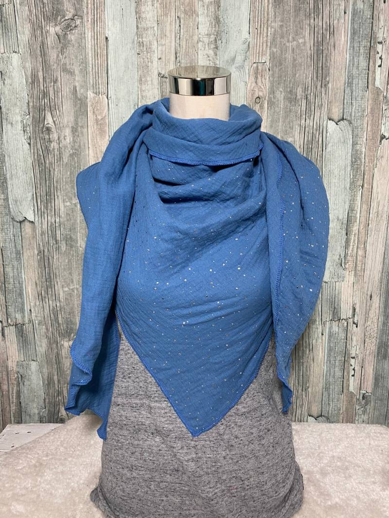 Musselintuch Dreieckstuch Halstuch Damen Xxl "Silberne Punkte Blau " Musselin Wickelschal Tuch Handmade Schal Einlagig von Liolinos