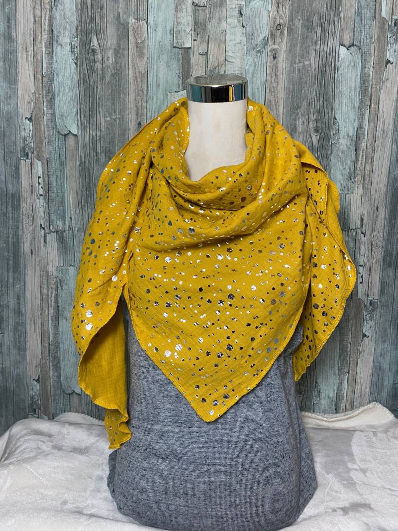 Musselintuch Dreieckstuch Halstuch Damen Xxl "Silberne Punkte Gelb " Musselin Wickelschal Tuch Handmade Schal Einlagig von Liolinos