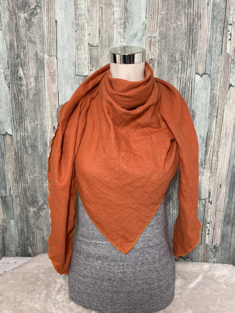 Musselintuch Dreieckstuch Halstuch Damen Xxl "Silberne Punkte Rost " Musselin Wickelschal Tuch Handmade Schal Einlagig von Liolinos