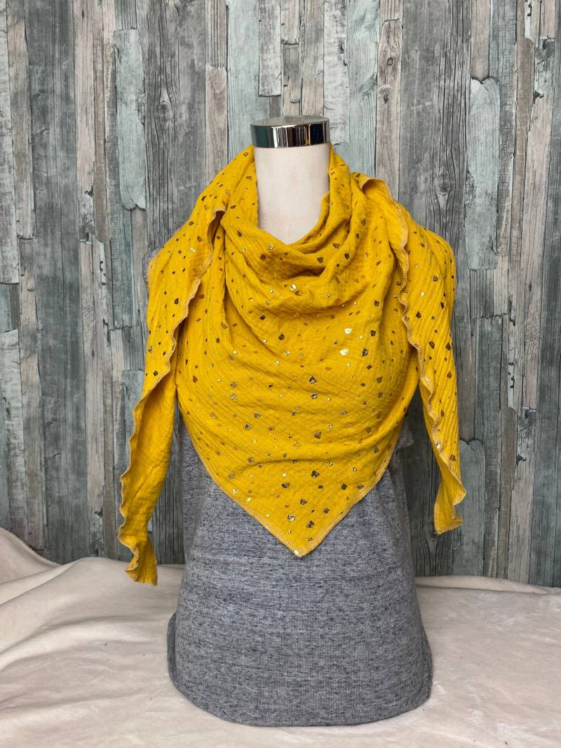 Musselintuch Halstuch Gelb Goldene Metallic Flocken Dreieckstuch Musselin Wickelschal Tuch Handmade Schal Einlagig von Liolinos