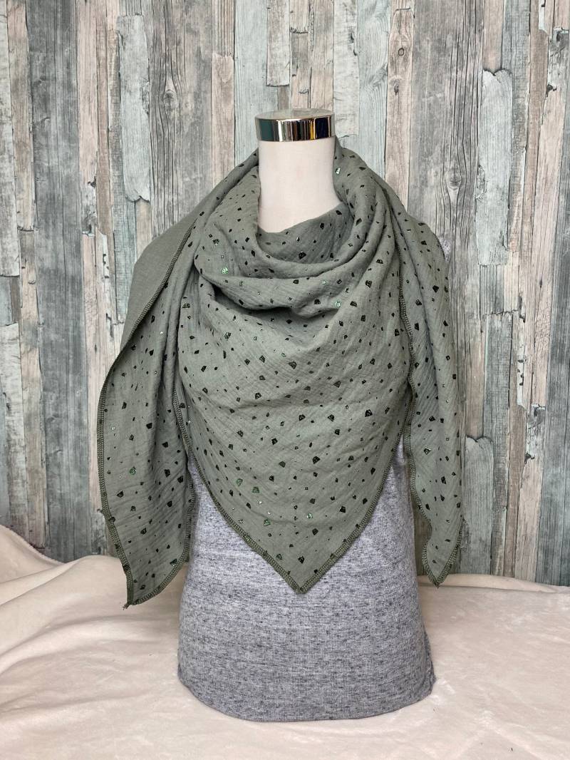 Musselintuch Halstuch Grün Mit Grün Flocken Dreieckstuch Musselin Wickelschal Tuch Handmade Schal Einlagig von Liolinos