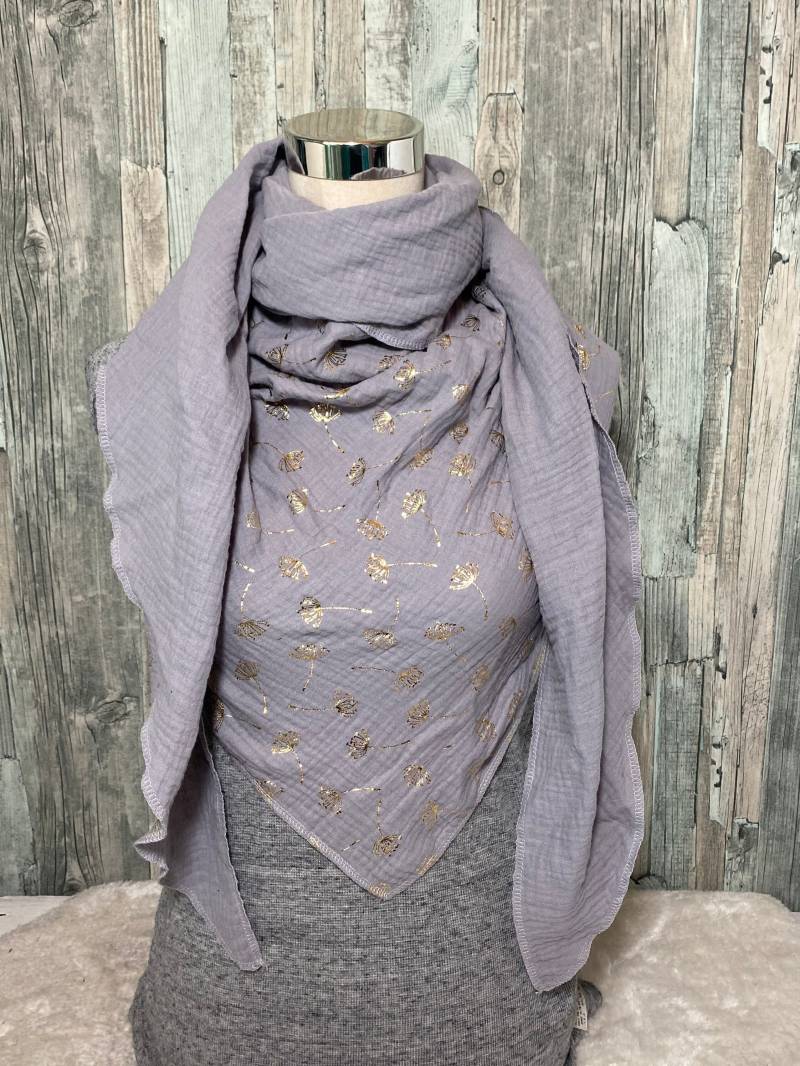 Musselintuch Xxl "Goldene Pusteblume Grau" Dreieckstuch Halstuch Damen Musselin Wickelschal Tuch Handmade Schal Einlagig von Liolinos