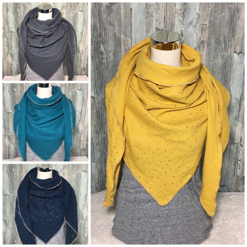xxl Dreieckstuch Musselin Halstuch Damen "Goldene Punkte " Wickelschal Tuch Handmade Schal Einlagig von Liolinos