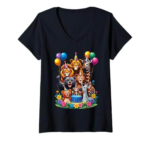 Damen Zoo Tier Geburtstag Party Outfit Kleinkind Mädchen Junge 6, 7, 8, 9 T-Shirt mit V-Ausschnitt Damen Zoo Tier Geburtstag Party Outfit Kleinkind Mädchen Junge 6, 7, 8, 9 T-Shirt mit V-Ausschnitt von Lion Bear Giraffe Monkey Zebra Party Africa Animal