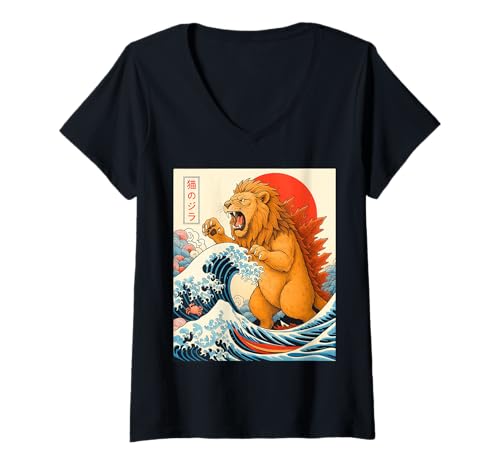 Damen Lionzilla Lion Japanische Kunst Lustige Löwe Geschenke T-Shirt mit V-Ausschnitt Damen Lionzilla Lion Japanische Kunst Lustige Löwe Geschenke T-Shirt mit V-Ausschnitt von Lion Cat Japanese Art Funny Cat Gifts Tee