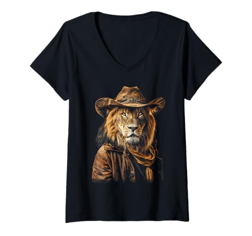 Damen Cowboy Löwe Lustig Country Western Löwe Lustig Löwe Cowboy T-Shirt mit V-Ausschnitt Damen Cowboy Löwe Lustig Country Western Löwe Lustig Löwe Cowboy T-Shirt mit V-Ausschnitt von Lion Cowboy Tees