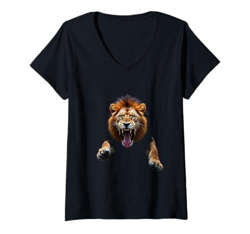 Damen Wütender Löwenkopf brüllender wilder Tier-Dschungelkunst T-Shirt mit V-Ausschnitt von Lion Fun Designs