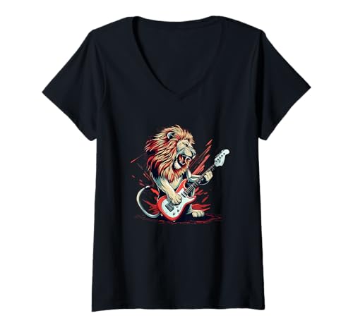Damen Cooles Rocking Lion mit E-Gitarre Kostüm T-Shirt mit V-Ausschnitt Damen Cooles Rocking Lion mit E-Gitarre Kostüm T-Shirt mit V-Ausschnitt von Lion Guitar