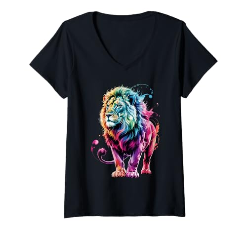 Damen Farbenfroher Löwen-Poster-Stil, Farbspritzer, Kunst-Grafik-Spritzer T-Shirt mit V-Ausschnitt von Lion Lover Apparel & Arts