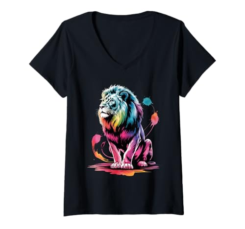 Damen Farbspritzer im Löwen-Poster-Stil, Bunte Farbspritzer T-Shirt mit V-Ausschnitt von Lion Lover Apparel & Arts