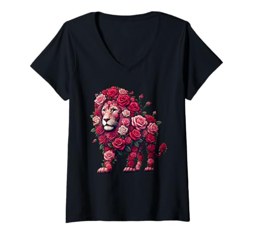 Damen Lion Made of Roses Flower Gardening Floral T-Shirt mit V-Ausschnitt von Lion Made Of Roses Floral Apparel