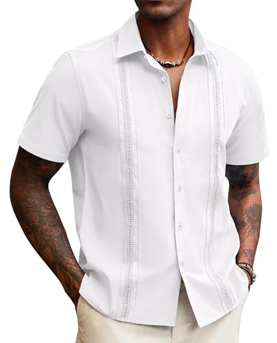 Lion Nardo Guayabera Leinenhemden für Herren, kurzärmelig, Button-Down-Shirt, Hawaii-Hemd, kubanische Sommerhemden, Strandhemden, Farbe: Weiß, Klein von Lion Nardo