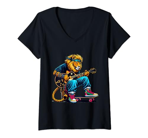Damen Lustiger Löwe, der Gitarre spielt, Kunst für Männer und Frauen, Skateboard-Liebhaber T-Shirt mit V-Ausschnitt Damen Lustiger Löwe, der Gitarre spielt, Kunst für Männer und Frauen, Skateboard-Liebhaber T-Shirt mit V-Ausschnitt von Lion Playing Guitar Art Men Women Skateboard lover