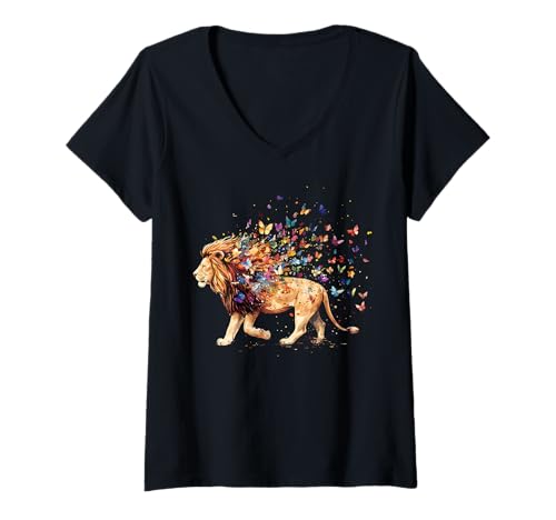Damen Löwe Safari Schmetterlinge Tier T-Shirt mit V-Ausschnitt Damen Löwe Safari Schmetterlinge Tier T-Shirt mit V-Ausschnitt von Lion Safari Animal