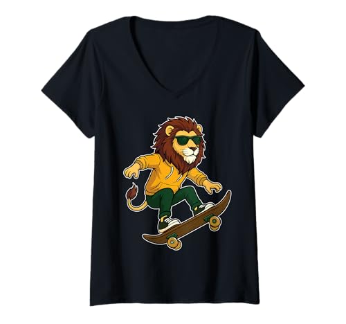 Damen Skateboard Löwe Reiten Skateboard Skater Löwe Grafik T-Shirt mit V-Ausschnitt Damen Skateboard Löwe Reiten Skateboard Skater Löwe Grafik T-Shirt mit V-Ausschnitt von Lion Skateboarding Skater Men Boys Kids