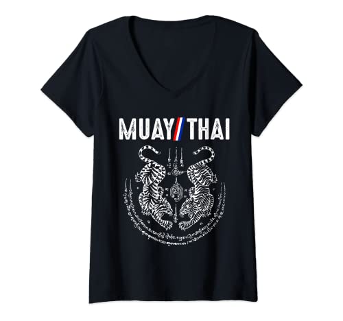 Damen Muay Thai Twin Tiger T-Shirt T-Shirt mit V-Ausschnitt Damen Muay Thai Twin Tiger T-Shirt T-Shirt mit V-Ausschnitt von Lion Squad Muay Thai