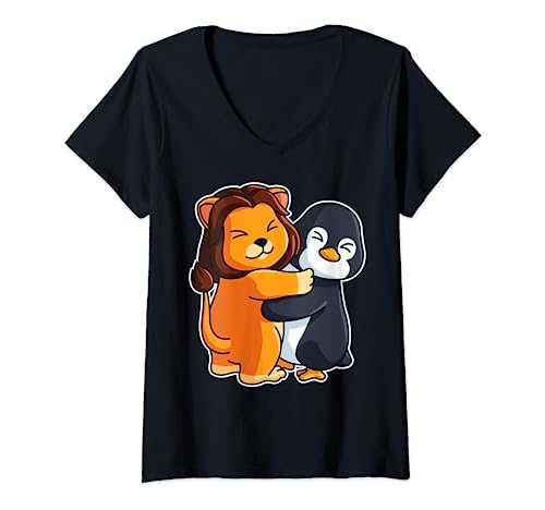Damen Pinguin und Löwe niedliche Tiere für Frauen Tierumarmung T-Shirt mit V-Ausschnitt Damen Pinguin und Löwe niedliche Tiere für Frauen Tierumarmung T-Shirt mit V-Ausschnitt von Lion and Penguin Hug Animal Girls Women Kids