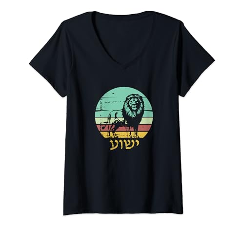 Damen Yeshua Jesus in hebräischer Löwe von Juda Arieh Yehuda T-Shirt mit V-Ausschnitt von Lion of Judah Shirts