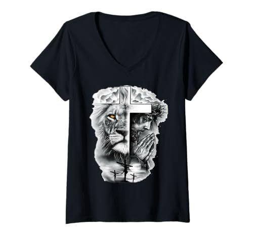 Damen Lion of Judah and Jesus Prayer Christian T-Shirt T-Shirt mit V-Ausschnitt Damen Lion of Judah and Jesus Prayer Christian T-Shirt T-Shirt mit V-Ausschnitt von Lion of Judah and Jesus Prayer Christian