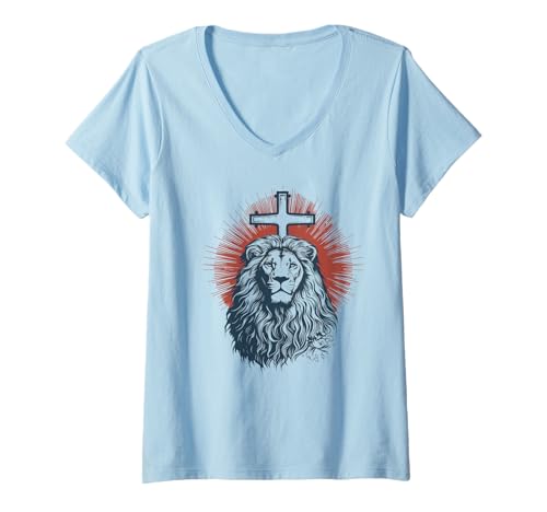 Damen Christliches Kreuz Löwe Juda Religiöser Glaube Jesus Pastor T-Shirt mit V-Ausschnitt Damen Christliches Kreuz Löwe Juda Religiöser Glaube Jesus Pastor T-Shirt mit V-Ausschnitt von Lion & Christian Cross