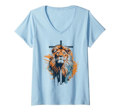 Damen Christliches Kreuz Löwe von Juda Religiöser Glaube Jesus T-Shirt mit V-Ausschnitt Damen Christliches Kreuz Löwe von Juda Religiöser Glaube Jesus T-Shirt mit V-Ausschnitt von Lion & Christian Cross