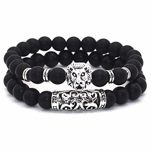 Lion&Son Buddha-Armband Helmet-Men-Bracelet Obsidian Onyx Damen-Perlen-Band Vintage-Mode Gem-Stone, Farbe:Lion-Matt von Lion & Son