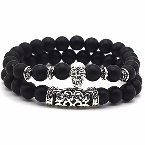 Lion&Son Buddha-Armband Helmet-Men-Bracelet Obsidian Onyx Damen-Perlen-Band Vintage-Mode Gem-Stone (Skull-Matt) von Lion & Son