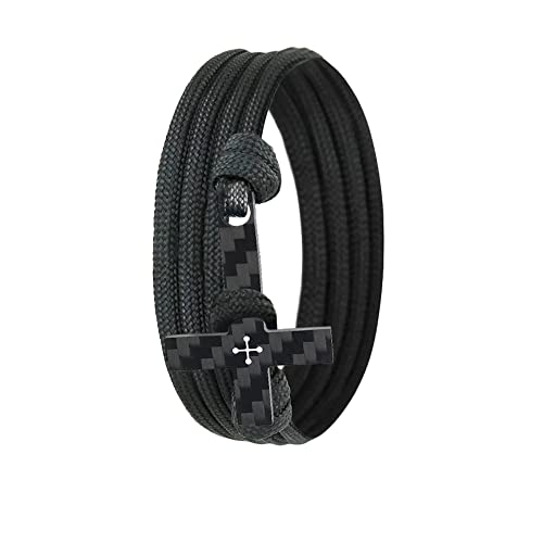 Lion & Son Herren Kreuz-Armband mit Carbon-Anhänger - Herren Paracord Kette aus Kohlenstoff - Handmade Wickelarmband - Männer-Armband Schwarz Geschenk Damen Geburtstag (Black-Cross) von Lion & Son