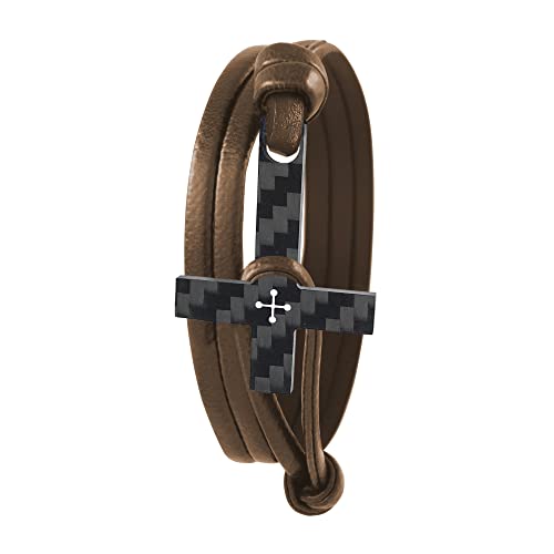 Lion & Son Herren Kreuz-Armband Mit Carbon-Anhänger - Leder-Armband Kohlenstoff - Handmade Wickelarmband - Männer Braun Schmuck Geburtstag für Ihn (Brown-Cross-Leather) von Lion & Son