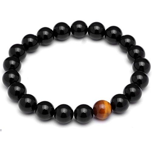 Lion&Son Perlen-Armband Tigereye-Bracelet Gem-Stone M�nner-Armreif Men-Fashion Onyx Obsidian Black Bijoux Jewelry, Farbe:Black - 10mm von Lion & Son