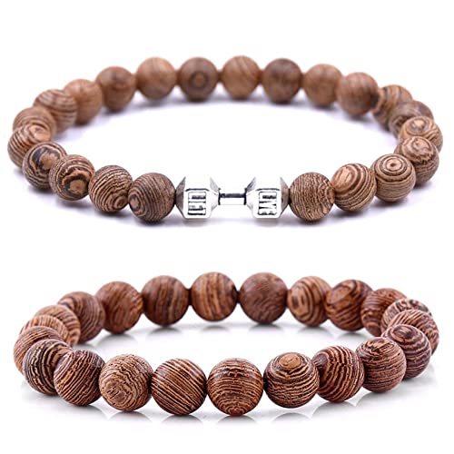 Lion & Son Holz-Perlen Armband Herren Buddha-Armreifen Damen-Armschmuck Gladiator Helm Wood Hamsa Skull Hantel Fitness Bracelet Hand gebunden Armreif Surfer Wasserfest von Lion & Son