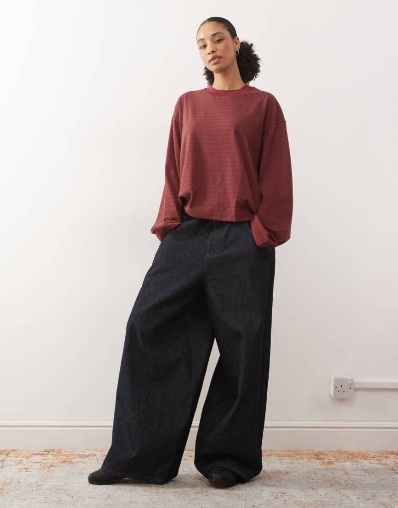 Lioness - Bloom - Langärmliges, kastiges Shirt aus Baumwollmix in Schokobraun und Weinrot mit Streifenmuster und Rundhalsausschnitt-Bunt von Lioness