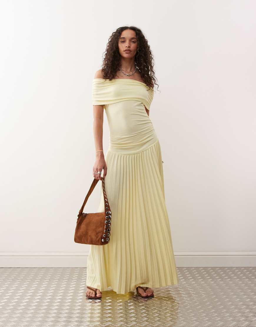 Lioness - Field of Dreams - Gerafftes Maxikleid in Zitronengelb mit niedriger Taille und Carmen-Ausschnitt mit Umschlag von Lioness