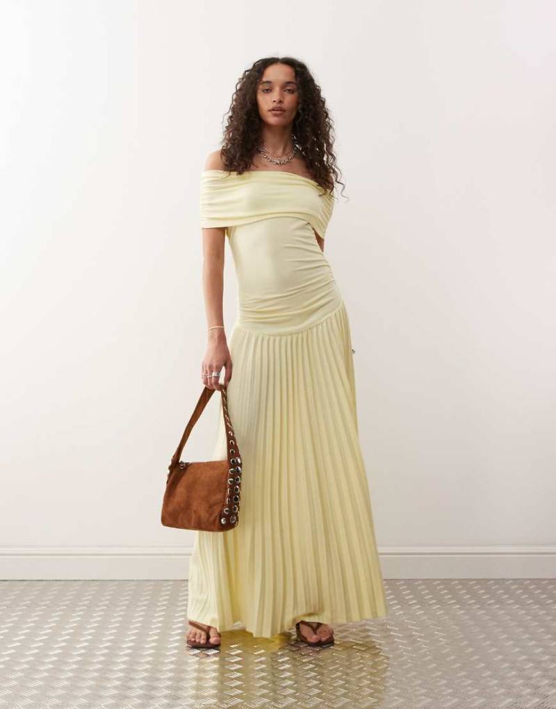 Lioness - Field of Dreams - Gerafftes Maxikleid in Zitronengelb mit niedriger Taille und Carmen-Ausschnitt mit Umschlag von Lioness