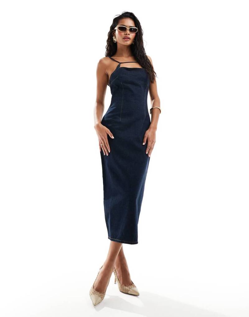 Lioness - Jeans-Midikleid in Indigoblau mit Riemchenträgern und eckigem Ausschnitt-Marineblau Lioness - Jeans-Midikleid in Indigoblau mit Riemchenträgern und eckigem Ausschnitt-Marineblau von Lioness