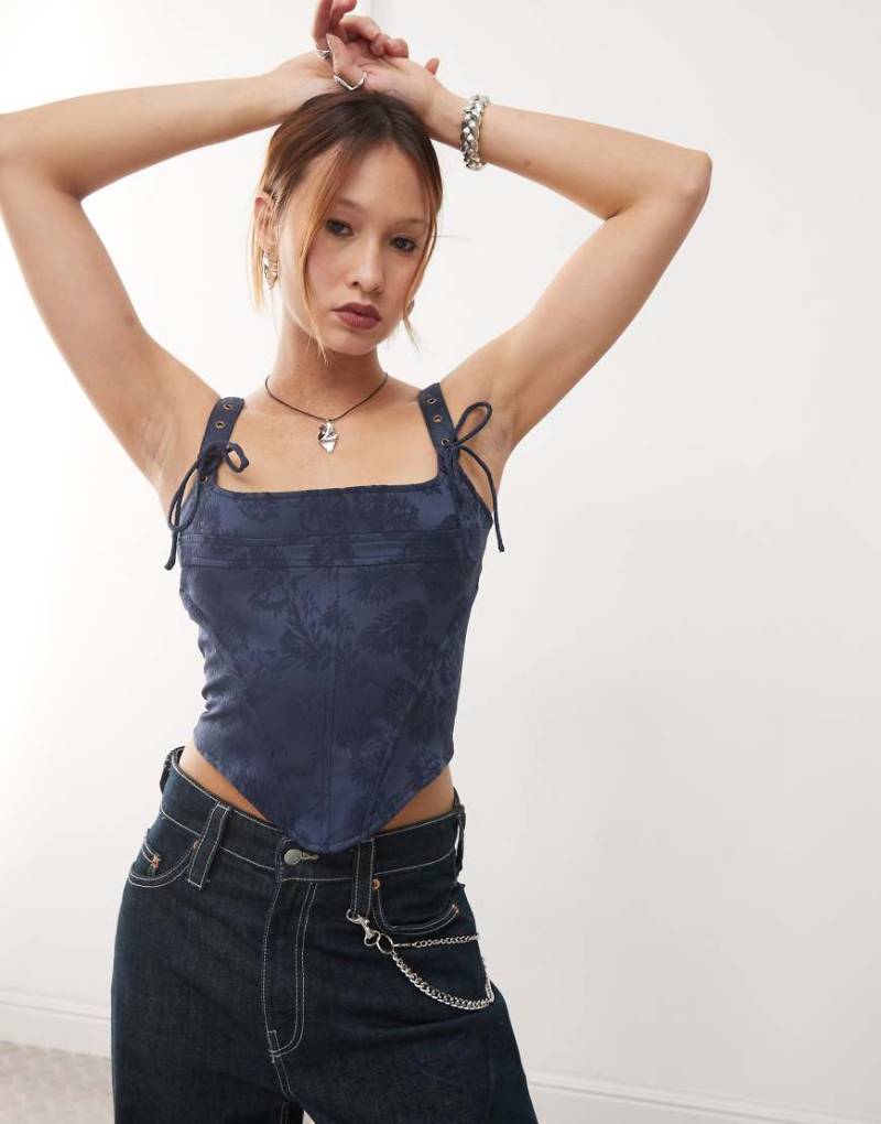 Lioness - Korsett-Oberteil in Marineblau mit schmalen Trägern und Schleifenriemen von Lioness