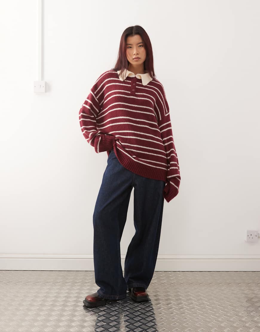 Lioness - Rising Sun - Gestreifter Oversize-Strickpullover in Burgunderrot und Cremeweiß mit Kontrastkragen von Lioness