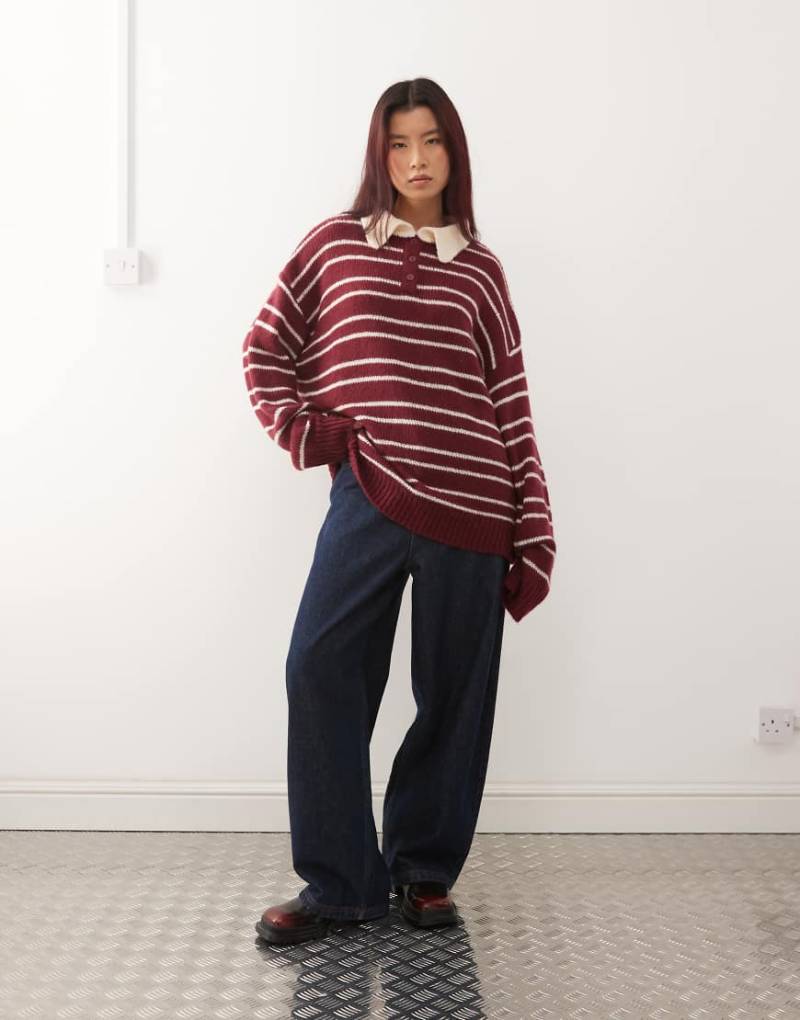 Lioness - Rising Sun - Gestreifter Oversize-Strickpullover in Burgunderrot und Cremeweiß mit Kontrastkragen von Lioness